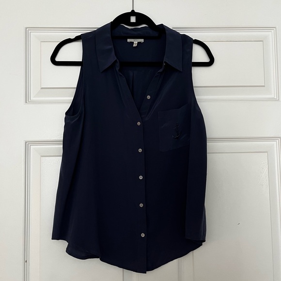 Joie Navy Silk Embroidered Anchor Pocket Tank Top - Picture 3 of 6